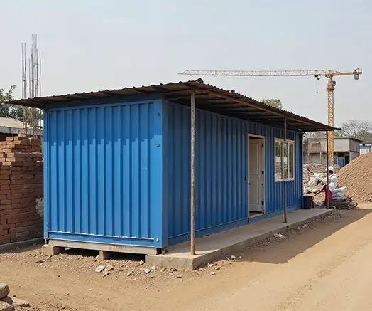 MS Porta Cabin in a rural Indian construction scene with dry shrubs.